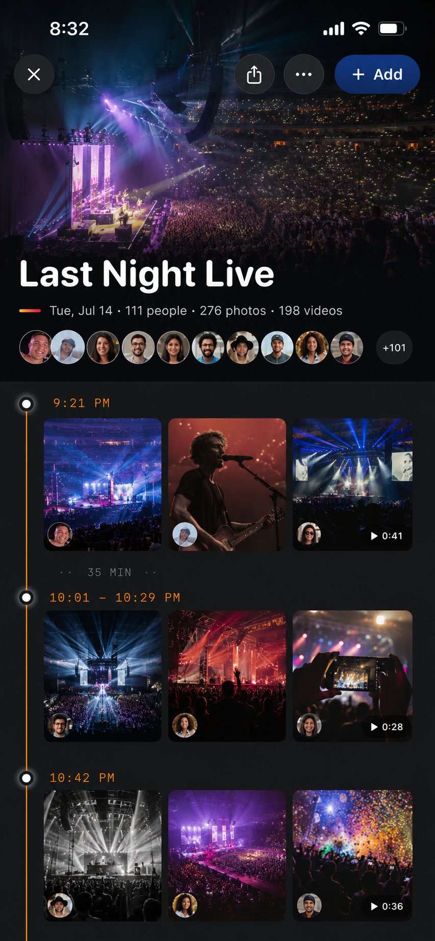 A Community Album called 'Last Night Live' — 111 people, 276 photos, 198 videos — concert shots from every part of the arena in one shared album.