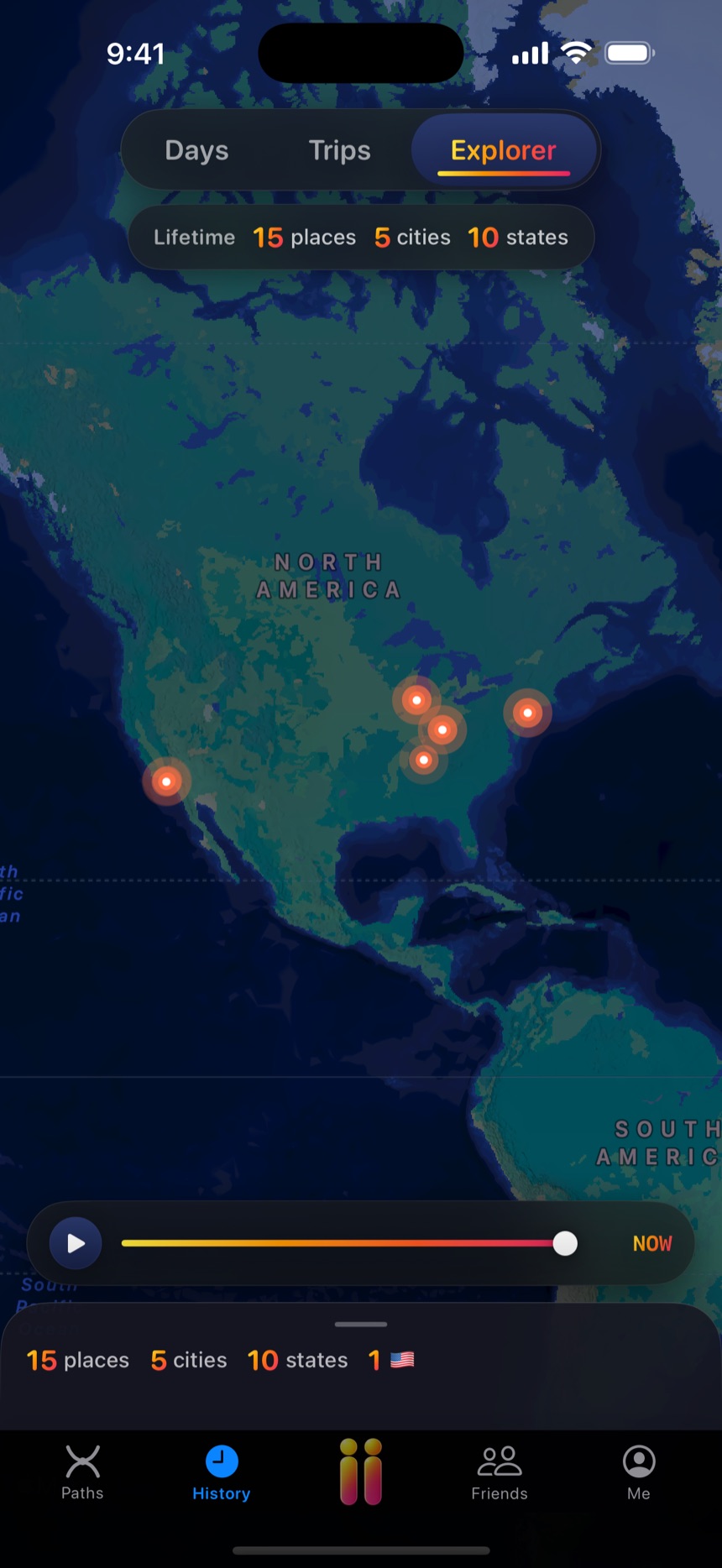 Explorer — a lifetime map with glowing dots across 15 places, 5 cities and 10 states, with a year scrubber.