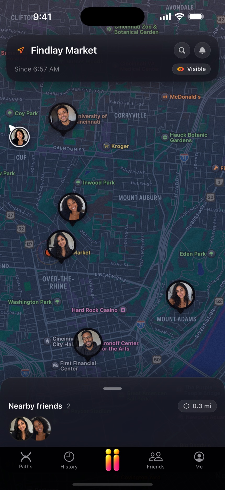 Proximitii Now screen — a dark live map of Cincinnati with friends' photo pins and a 'Findlay Market · Visible' status card.