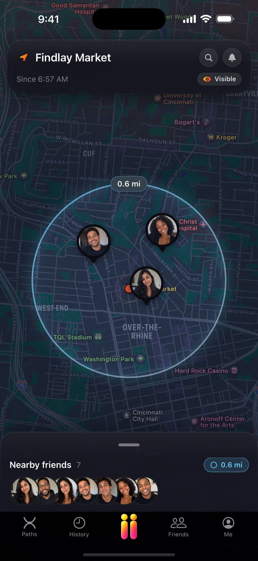 Nearby friends within a 0.6 mile radius circle on the Proximitii map.