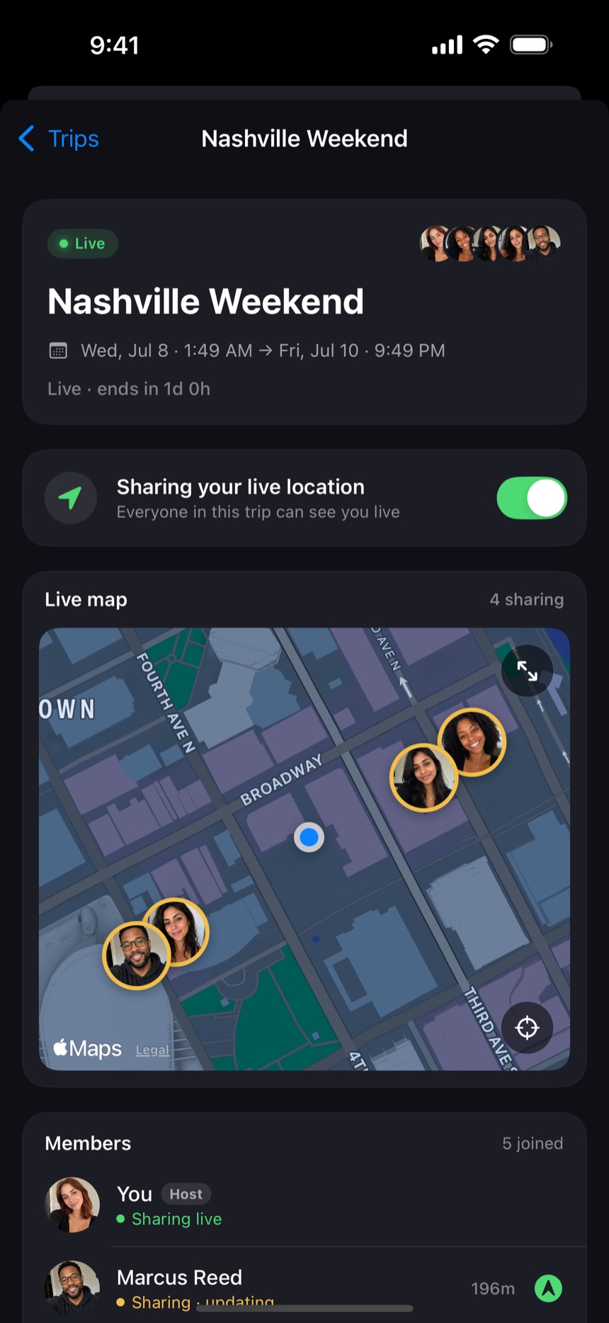 A live Proximitii trip — the group sharing exact location with each other on a trip map.