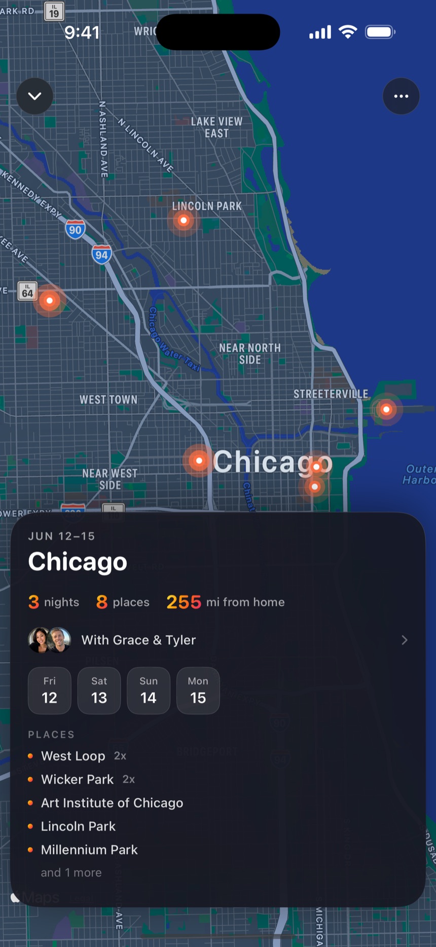The History Trips lens — an auto-detected trip with dates, route, places and stats.