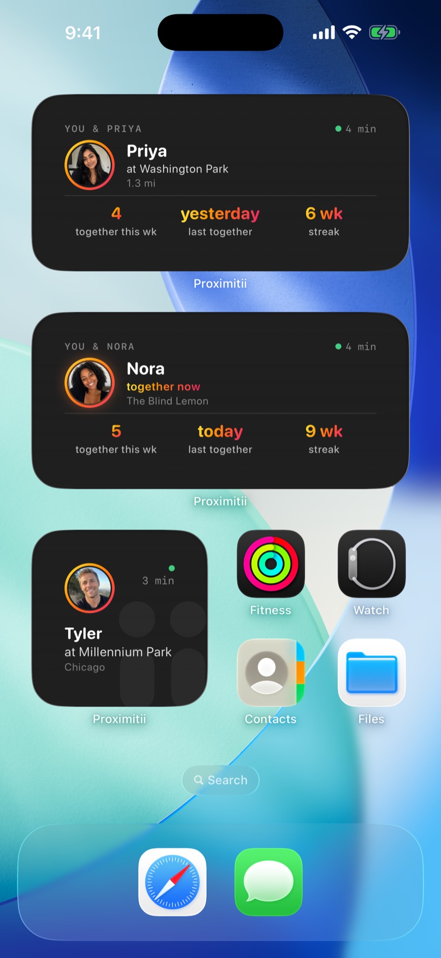 Proximitii home-screen widgets showing a best friend's status and an Us streak.